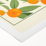 Art deco poster featuring an array of colorful fruits on a rolled canvas, ideal for dining room wall art.