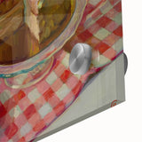 Close-up of large abstract pastries wall art on acrylic glass, featuring mid-century modernist style.