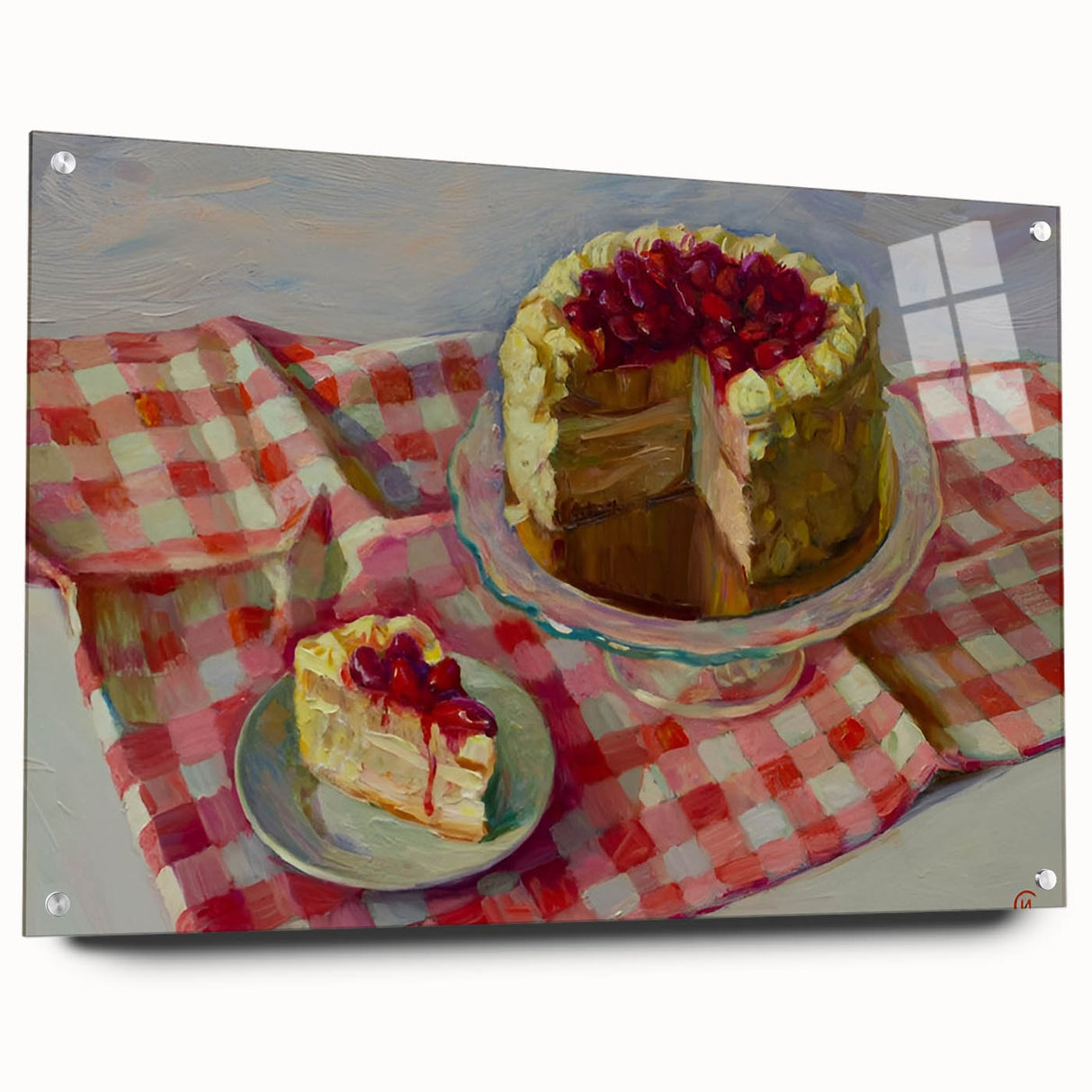 Acrylic glass print of pastel-colored pastries, ideal for dining room or kitchen decor.