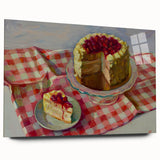 Large abstract wall art featuring assorted pastries in muted colors on acrylic glass.