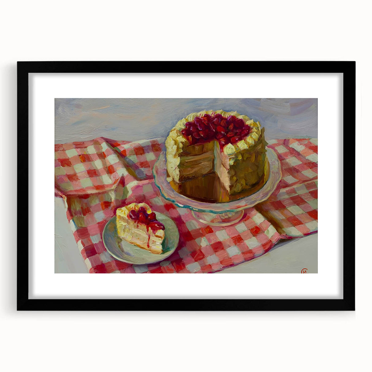Extra large colorful art print depicting abstract pastries in vivid hues on a textured canvas, framed in black.