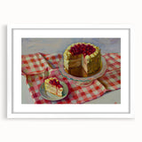 Abstract art print of assorted pastries in muted pastel shades, framed with a white mat, suitable for dining room decor.