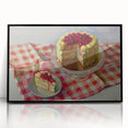 Large abstract wall art featuring assorted pastries in muted colors, framed in black acrylic, suitable for kitchen decor.