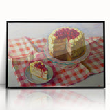 Large abstract wall art featuring assorted pastries in muted colors, framed in black acrylic, suitable for kitchen decor.