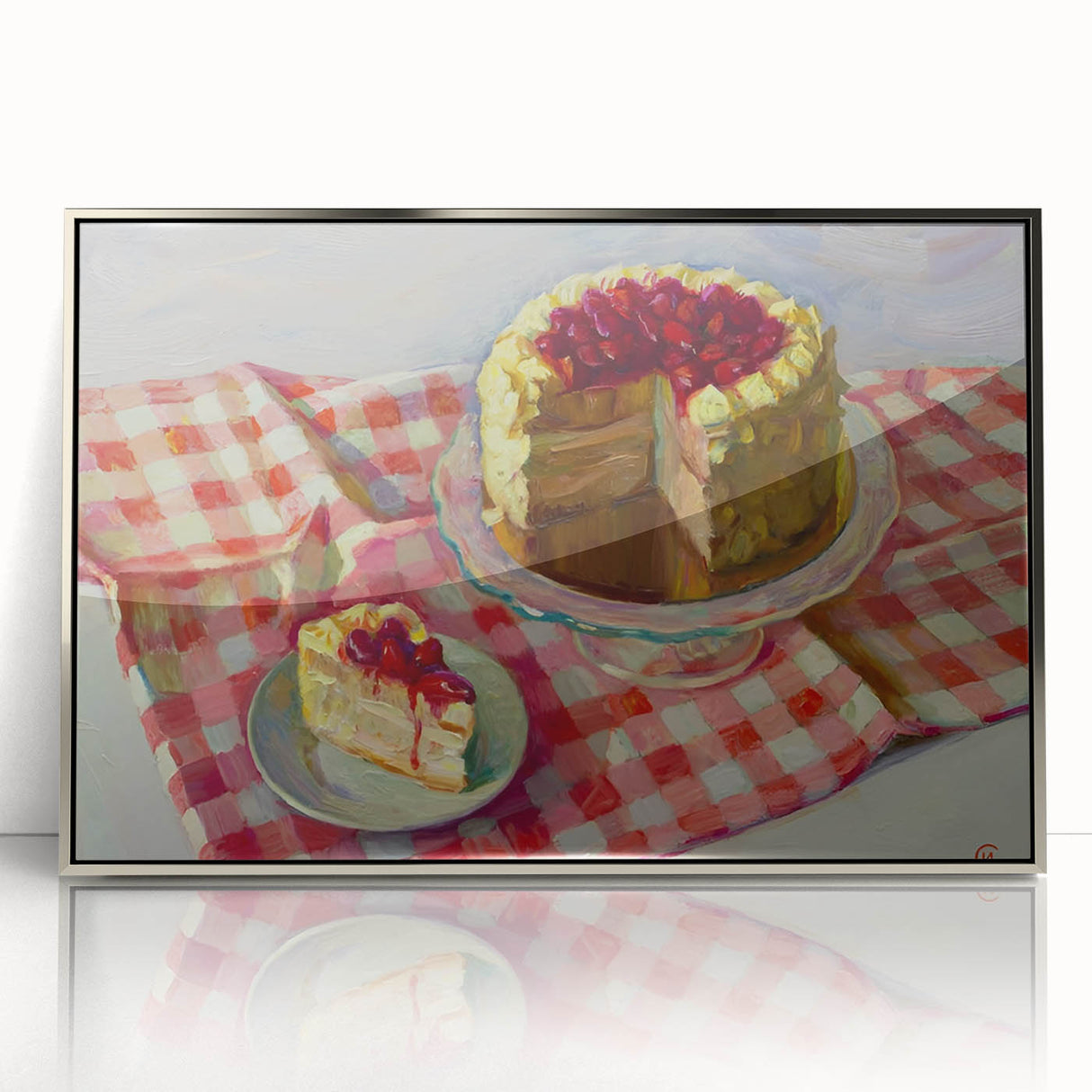 Mid-century modernist art of assorted pastries in vibrant colors on a silver-framed acrylic, ideal for kitchen wall decor.