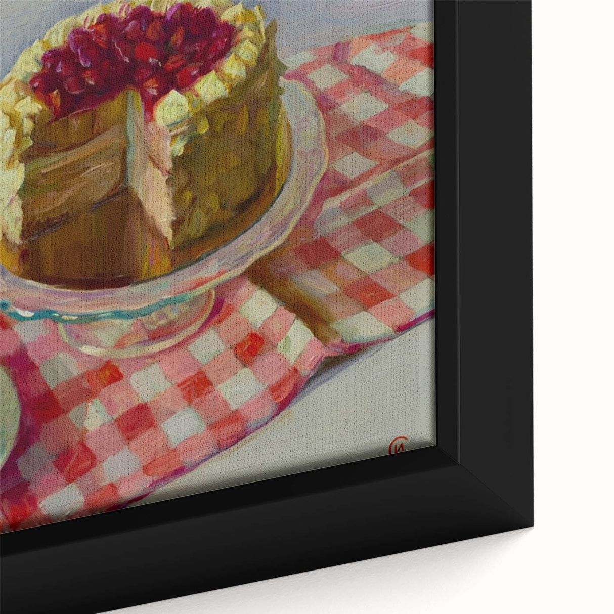 Close-up of a framed canvas featuring colorful pastries on a black background, ideal for a living room.