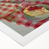 Art deco poster featuring an array of colorful pastries on a rolled canvas, ideal for dining room wall art.