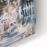 Large abstract wall art on acrylic glass featuring mid-century modernist design in vibrant hues, ideal for dining room decor.