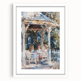 Abstract art print featuring silhouettes of people and food in black and white, framed with a white mat.