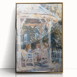 Large acrylic print of a mid-century modernist food and people scene in muted gold tones, ideal for modern art wall decor.