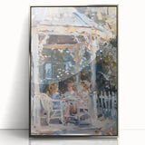 Mid-century modernist art depicting animated food characters in vibrant colors on a silver-framed acrylic print.