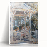 Acrylic print of a modern art deco poster featuring people dining, in muted monochrome shades, ideal for nursery wall art.