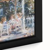 Close-up of a framed canvas featuring textured, colorful art with black background depicting stylized food and people.