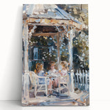 Landscape art painting of a colorful outdoor market scene on stretched canvas, ideal for dining room decor.