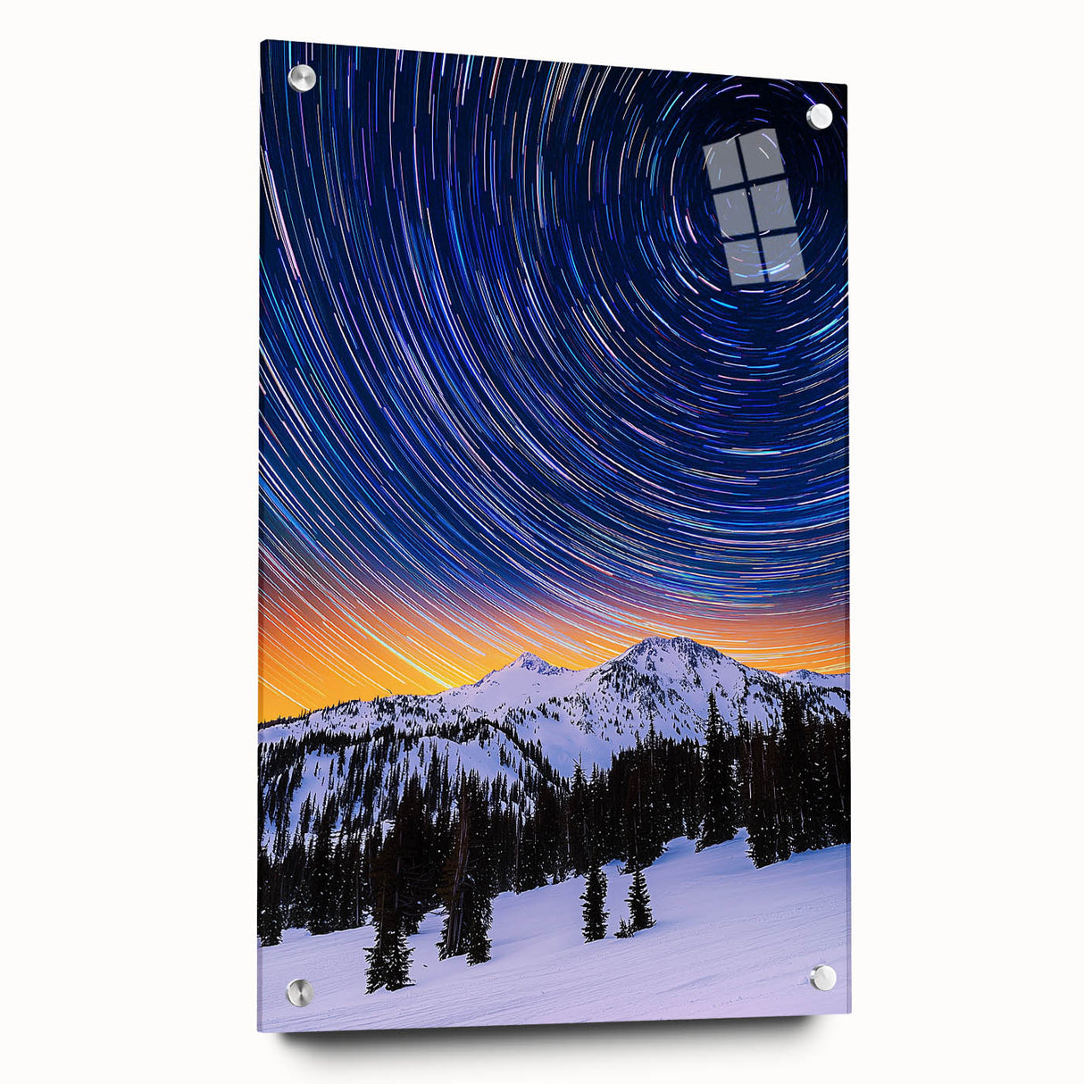 Acrylic display showcasing a modern landscape design with vibrant colors, secured with stylish pins for a sleek presentation, perfect for contemporary decor.