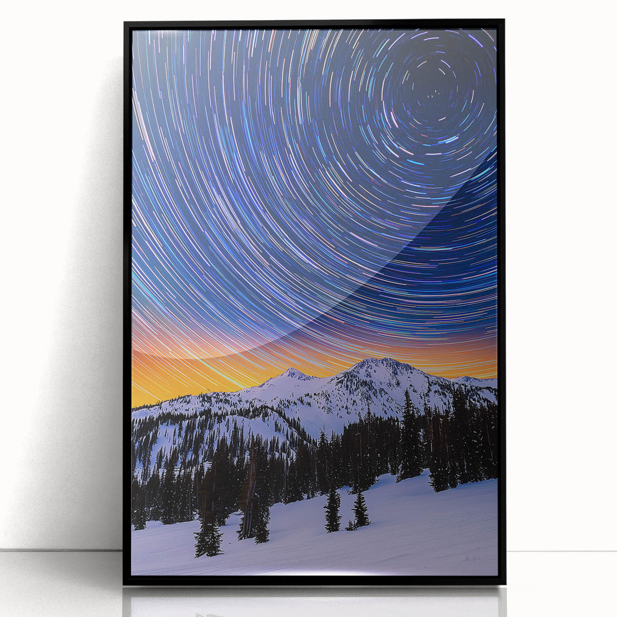Framed acrylic landscape artwork showcasing a serene black and white forest scene, elegantly displayed from the front view, perfect for modern home decor.