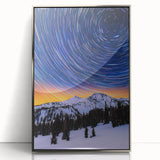 Framed landscape acrylic artwork in silver showcasing a serene mountain view, perfect for home decor. The vibrant colors and intricate details enhance any space.