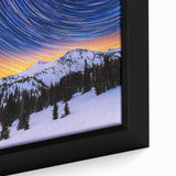 Close-up of a framed landscape canvas featuring vibrant abstract art with bold colors and intricate details, ideal for home decor or office settings.