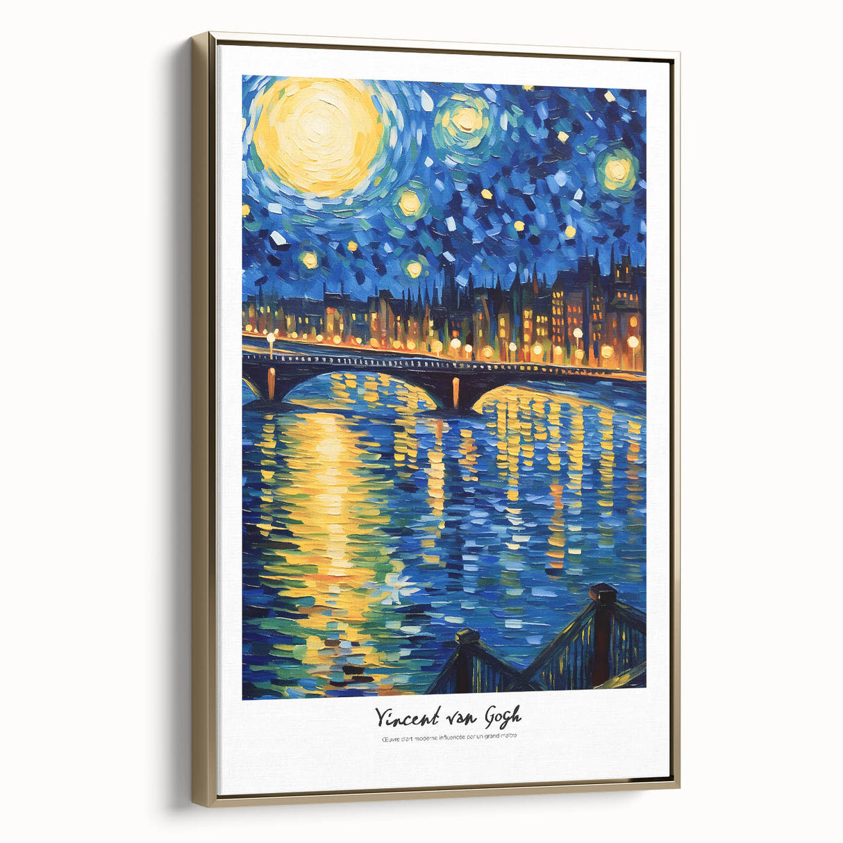 Impressionist landscape painting with swirling blue and yellow hues, framed in gold, ideal for bedroom wall decor.