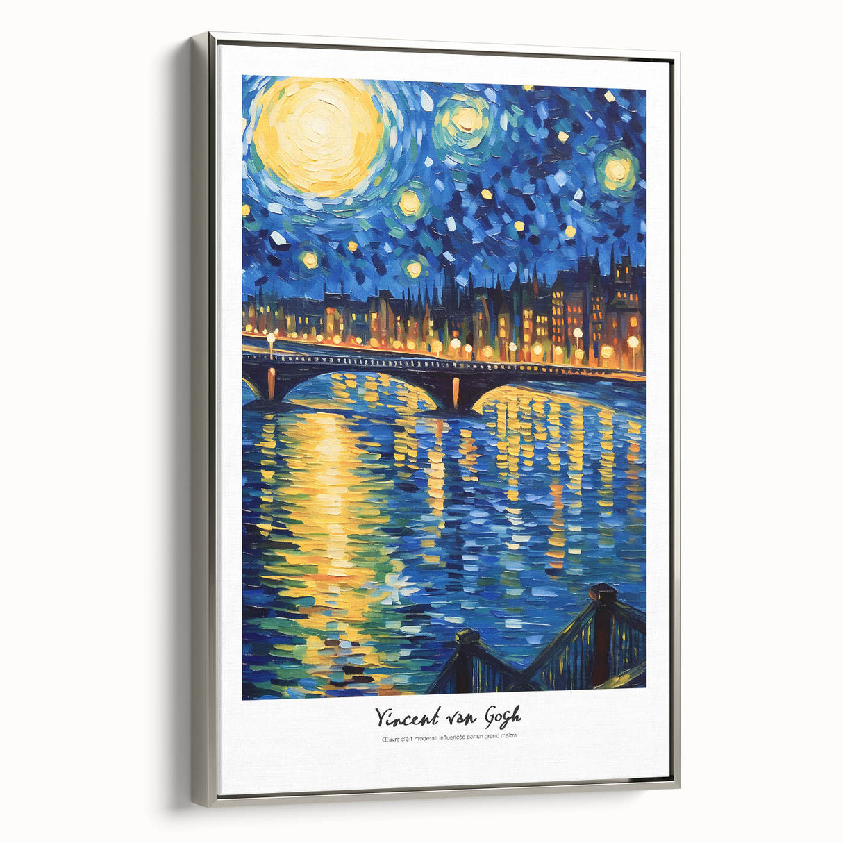 Impressionist landscape art painting featuring colorful fields under a dynamic sky, framed in silver.
