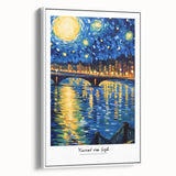 Vintage poster art featuring a Van Gogh impressionist painting on a framed canvas, with colorful strokes.