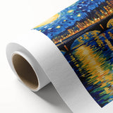 Impressionist-style painting of a starry night sky in deep blue and yellow, on rolled canvas, suitable as nursery wall art.