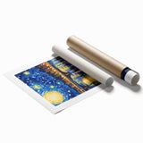 Impressionist floral art by Van Gogh on a large rolled canvas, with vibrant blue and yellow tones.