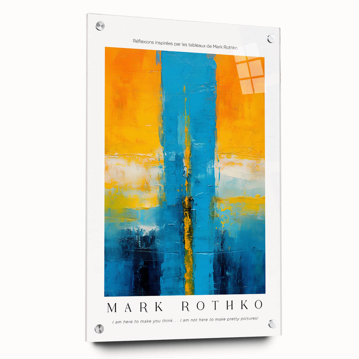 Large abstract wall art featuring multicolored blocks on acrylic glass, ideal for modern bedroom or dining room decor.
