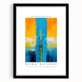 Extra large abstract art print with vibrant red and blue tones on textured canvas, housed in a black frame.
