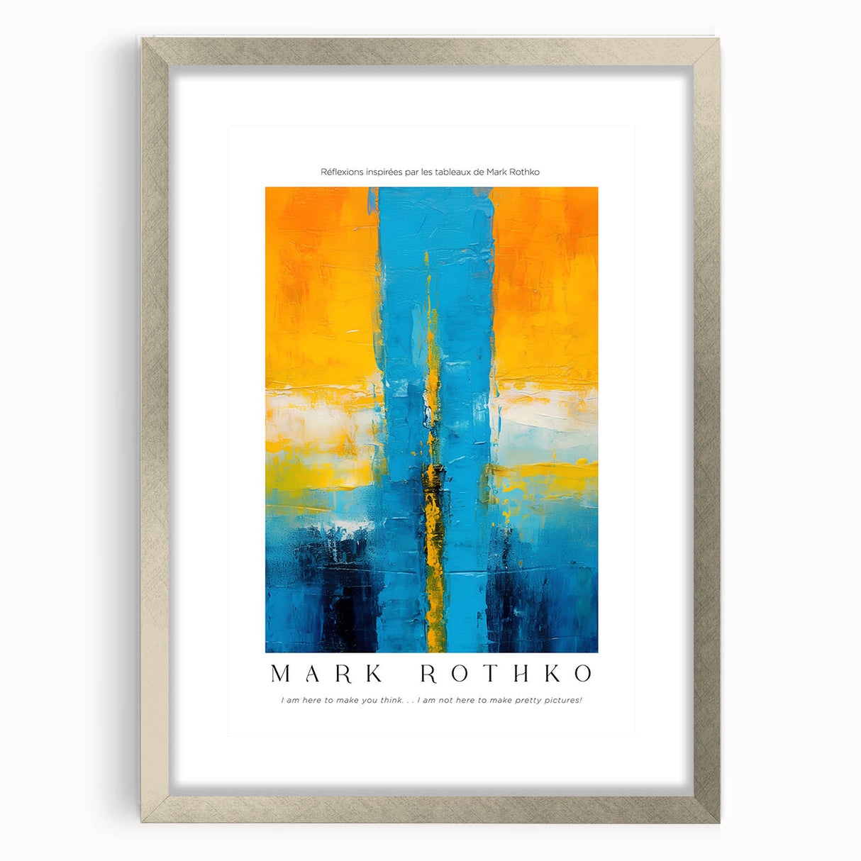 Textured abstract art print in muted blues and greens, framed in silver, ideal for modern bedroom ambiance.
