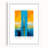 Abstract art print featuring Rothko-inspired blocks of red and beige on a framed white canvas.