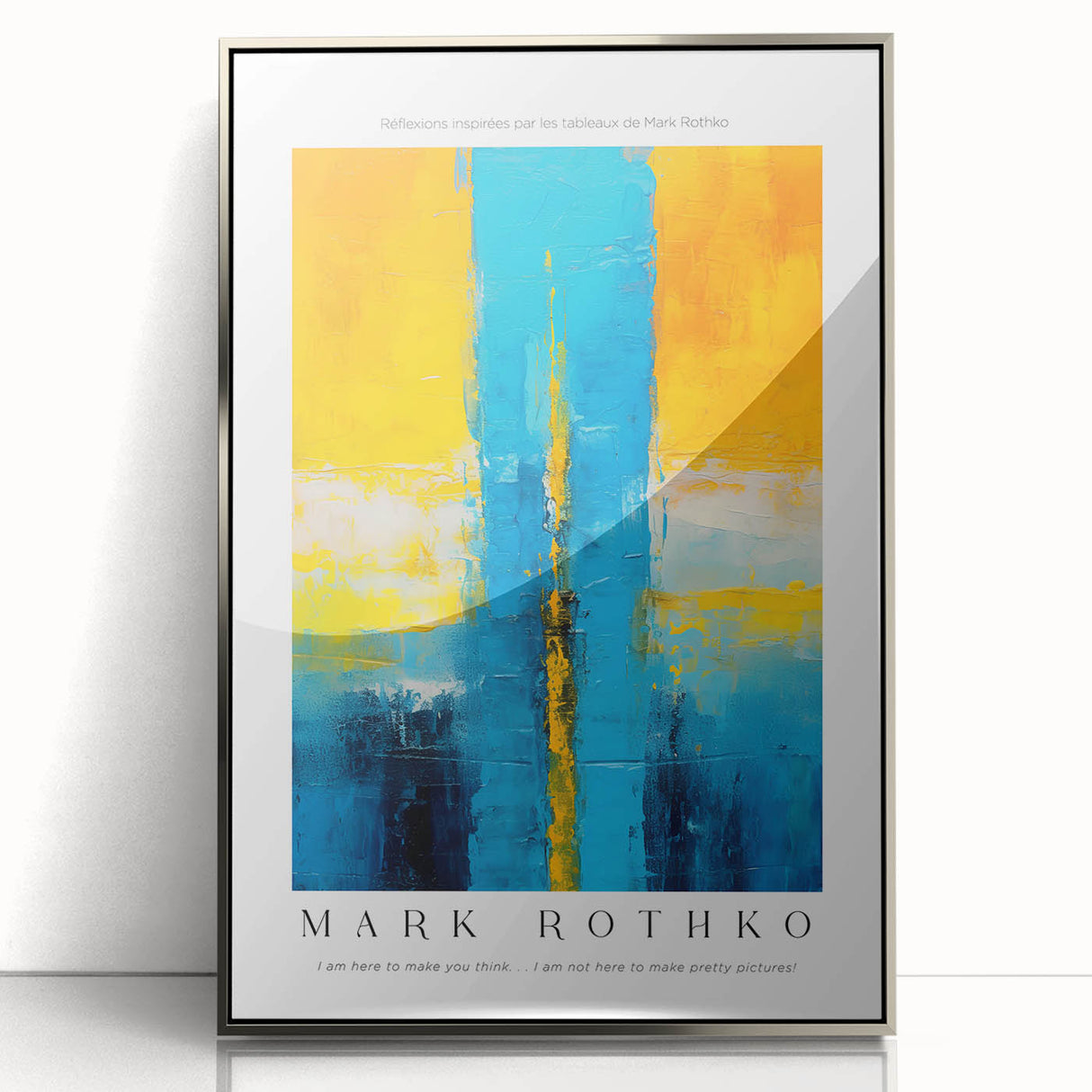 Mid-century modernist art by Mark Rothko, featuring abstract blocks in red and beige on a silver-framed acrylic print.