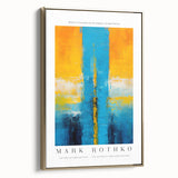 Framed canvas featuring a modern Mark Rothko-inspired landscape in black and gold tones, ideal for bedroom wall decor.