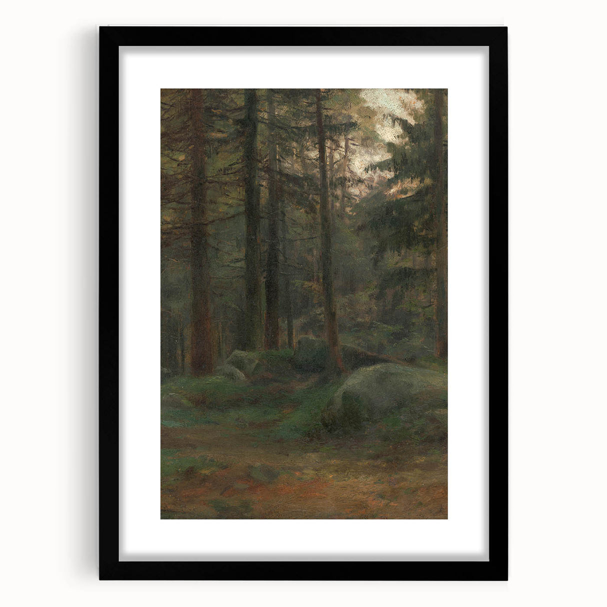 Serene Realism Art Print – Coniferous Woods with Rocks