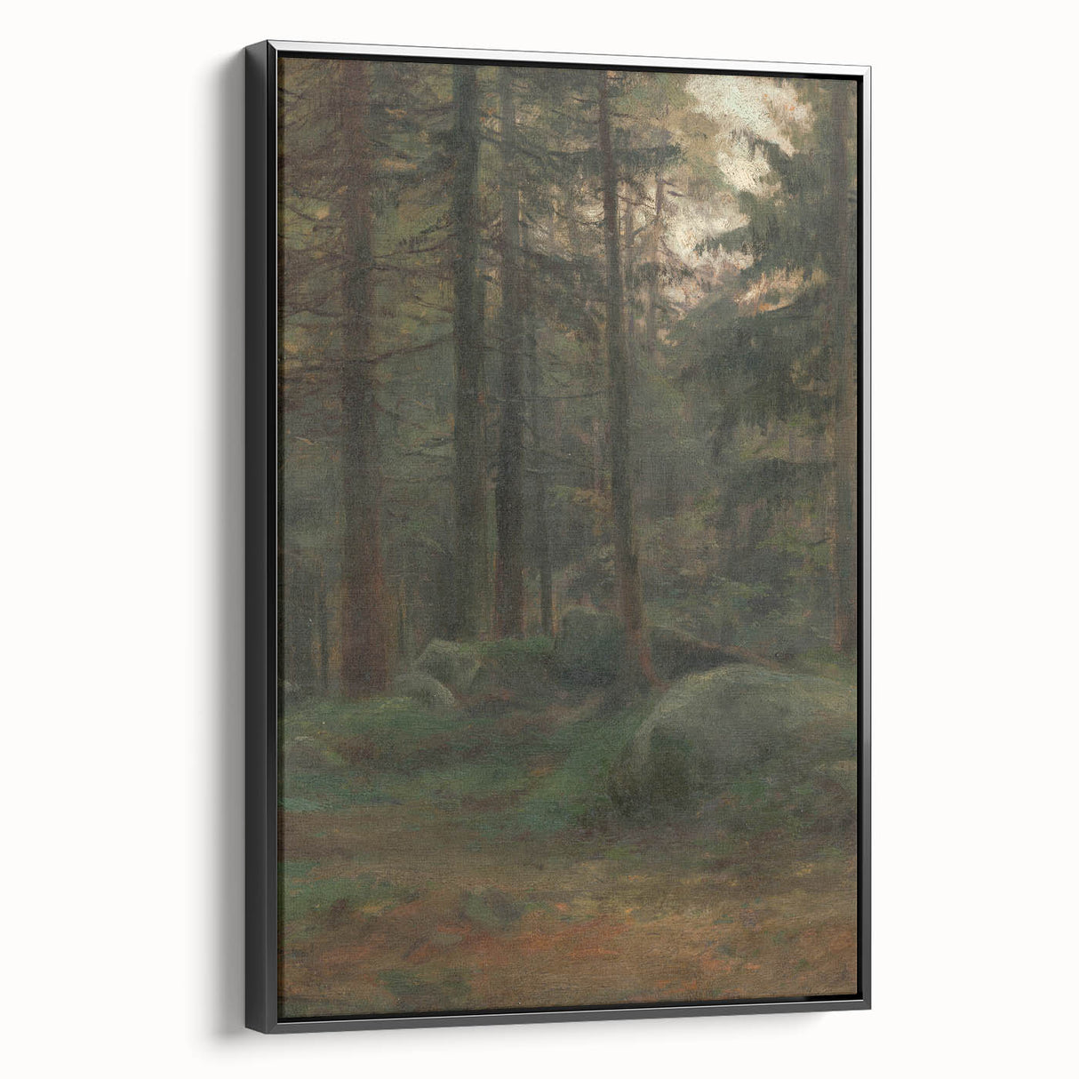 Serene Realism Art Print – Coniferous Woods with Rocks
