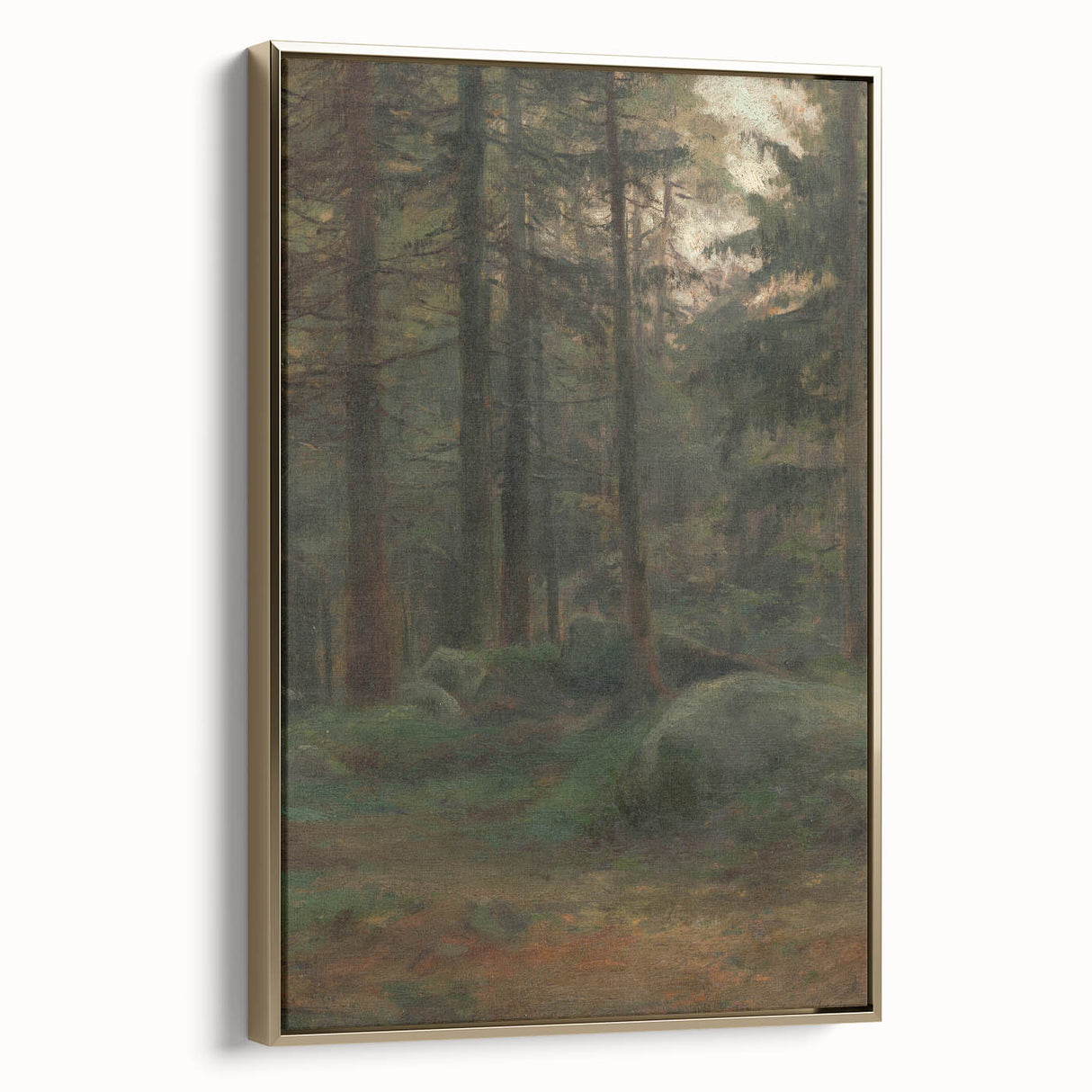Serene Realism Art Print – Coniferous Woods with Rocks