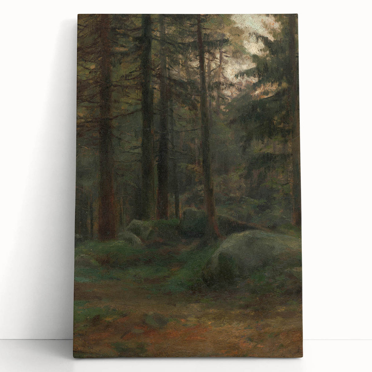 Serene Realism Art Print – Coniferous Woods with Rocks
