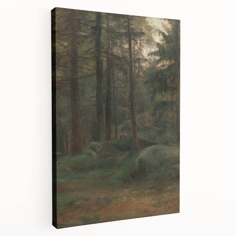 Serene Realism Art Print – Coniferous Woods with Rocks