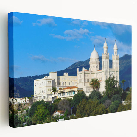 Side view of a stretched canvas depicting a serene Algerian landscape, ideal for kitchen wall art.