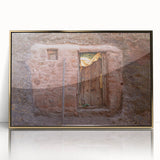 Mid-century modernist art depicting an Ethiopian landscape in muted earth tones on a framed acrylic print.