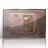 Art deco poster of Ethiopian scenery in muted earth tones on silver-framed acrylic, suited for modern art wall decor.