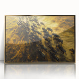 Mid-century modernist art depicting a serene Kenyan landscape in muted earth tones, framed acrylic.