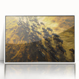 Large art print of a Kenyan landscape on framed acrylic, featuring mid-century modernist style with earthy tones.