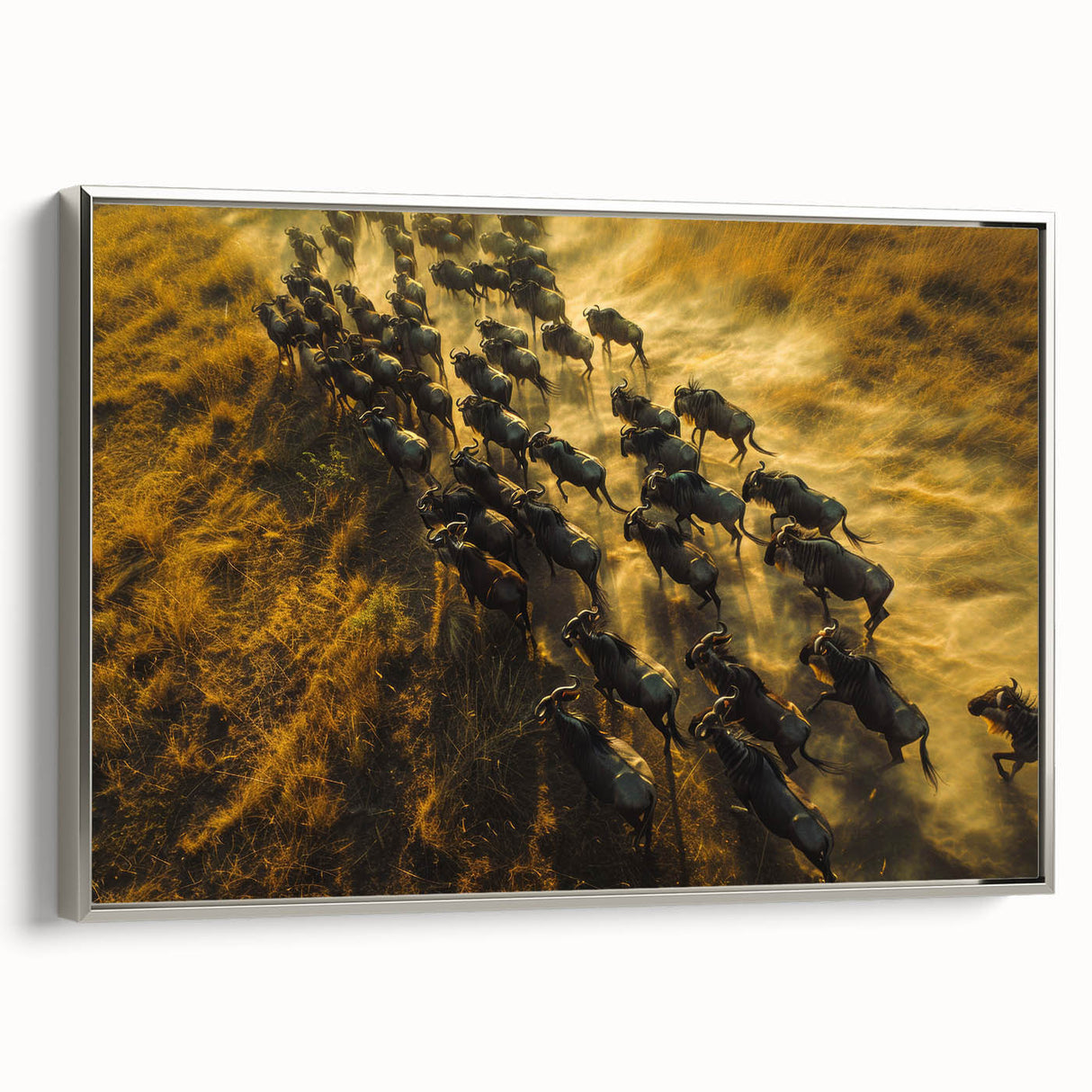 Vintage poster art of a Kenyan landscape on framed canvas, featuring vivid colors and black accents.