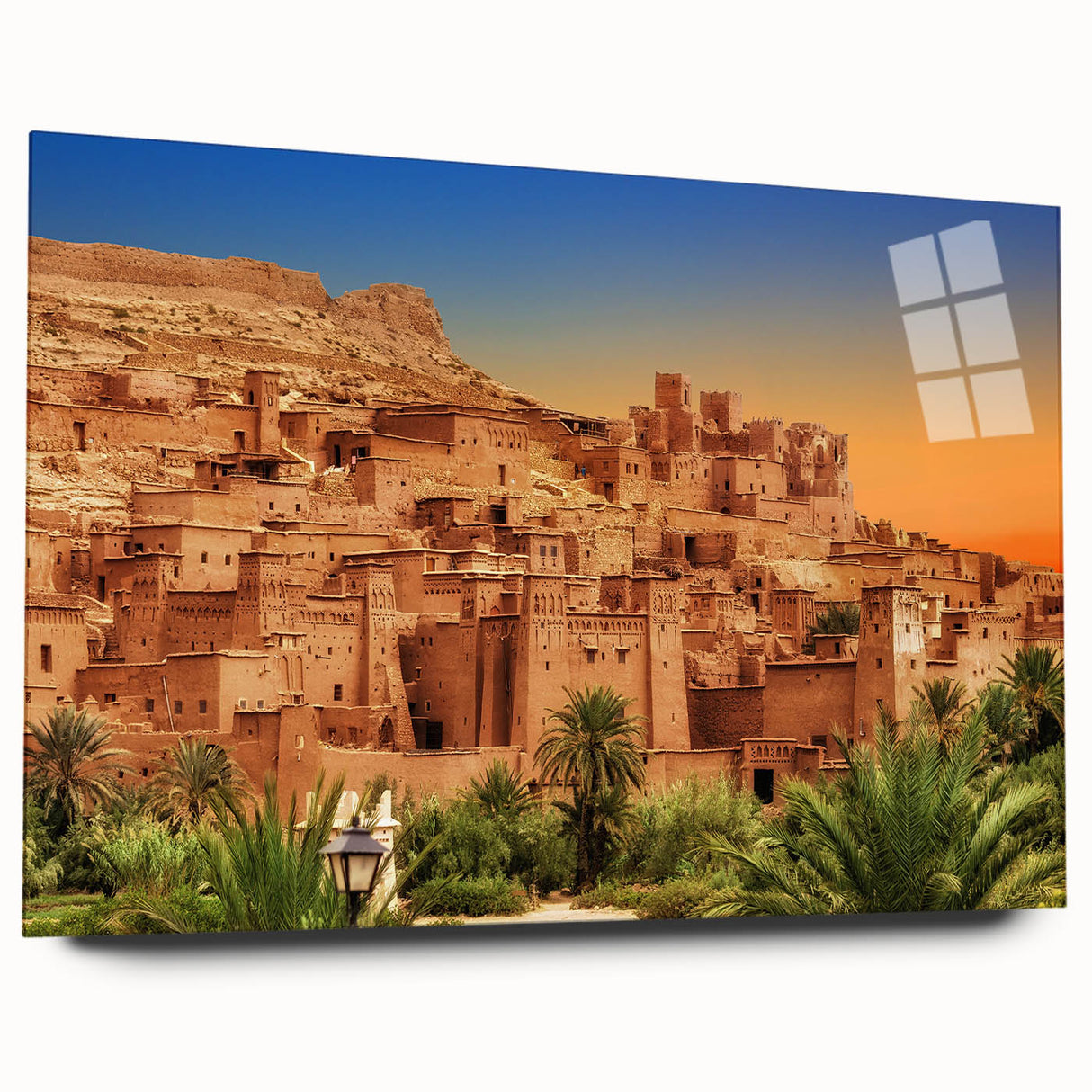 Large abstract wall art depicting a Moroccan landscape in muted earth tones on acrylic glass.