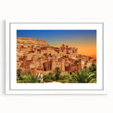 Extra large abstract art print of Moroccan landscape in textured earth tones, framed with a white mat.