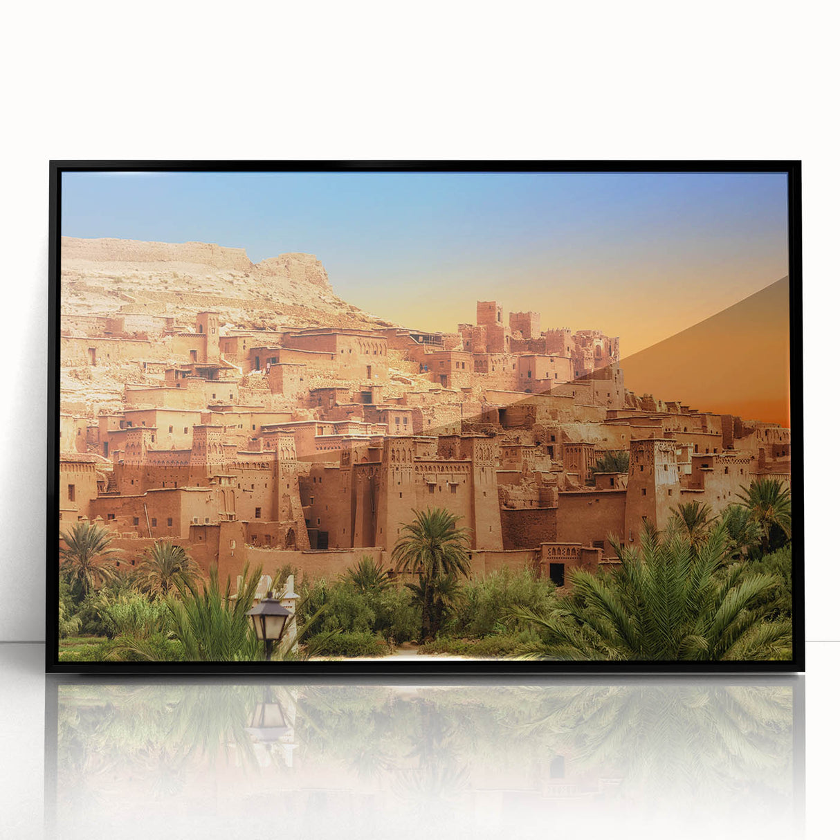 Large abstract wall art depicting a Moroccan landscape in muted earth tones on a framed acrylic.