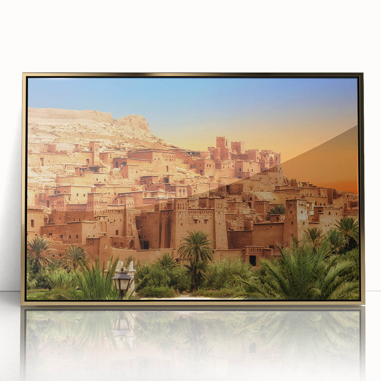 Mid-century modernist art of Moroccan scenery in gold acrylic frame, ideal for nursery wall decor.