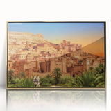 Mid-century modernist art of Moroccan scenery in gold acrylic frame, ideal for nursery wall decor.