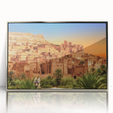 Art deco poster of Moroccan scenery in muted earth tones on framed acrylic, ideal for modern art wall decor.